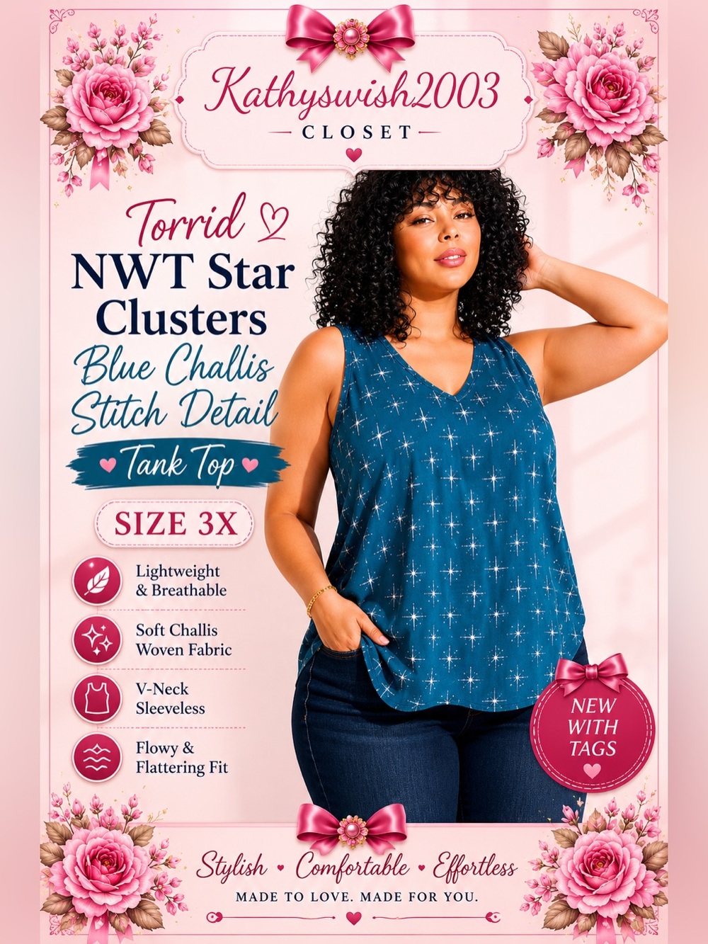 Torrid NWT Star Clusters Blue Challis Stitch Detail Tank Top Size 3X